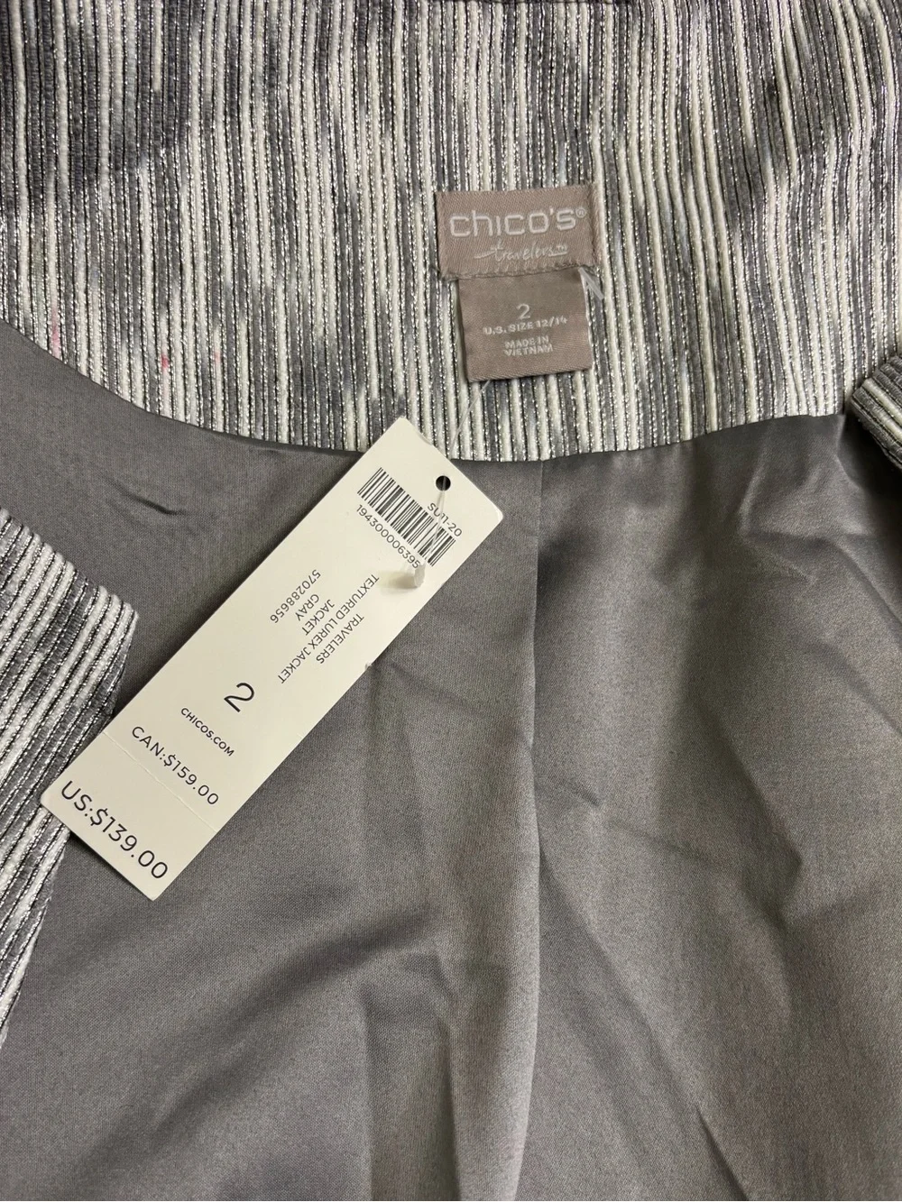 Chico's Travelers Collection Dressy Textured Lurex Jacket, Metallic Gray Silver